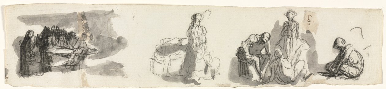 Studieark med en gruppe på fire figurer til høyre recto Skisser av forskjellige figurer vers av Honoré Daumier