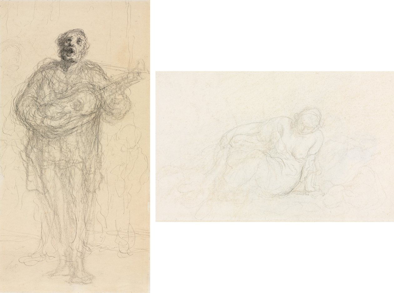 Syngende gitarist (rekto); Tilbakelent kvinne lener seg på armen (verso) av Honoré Daumier
