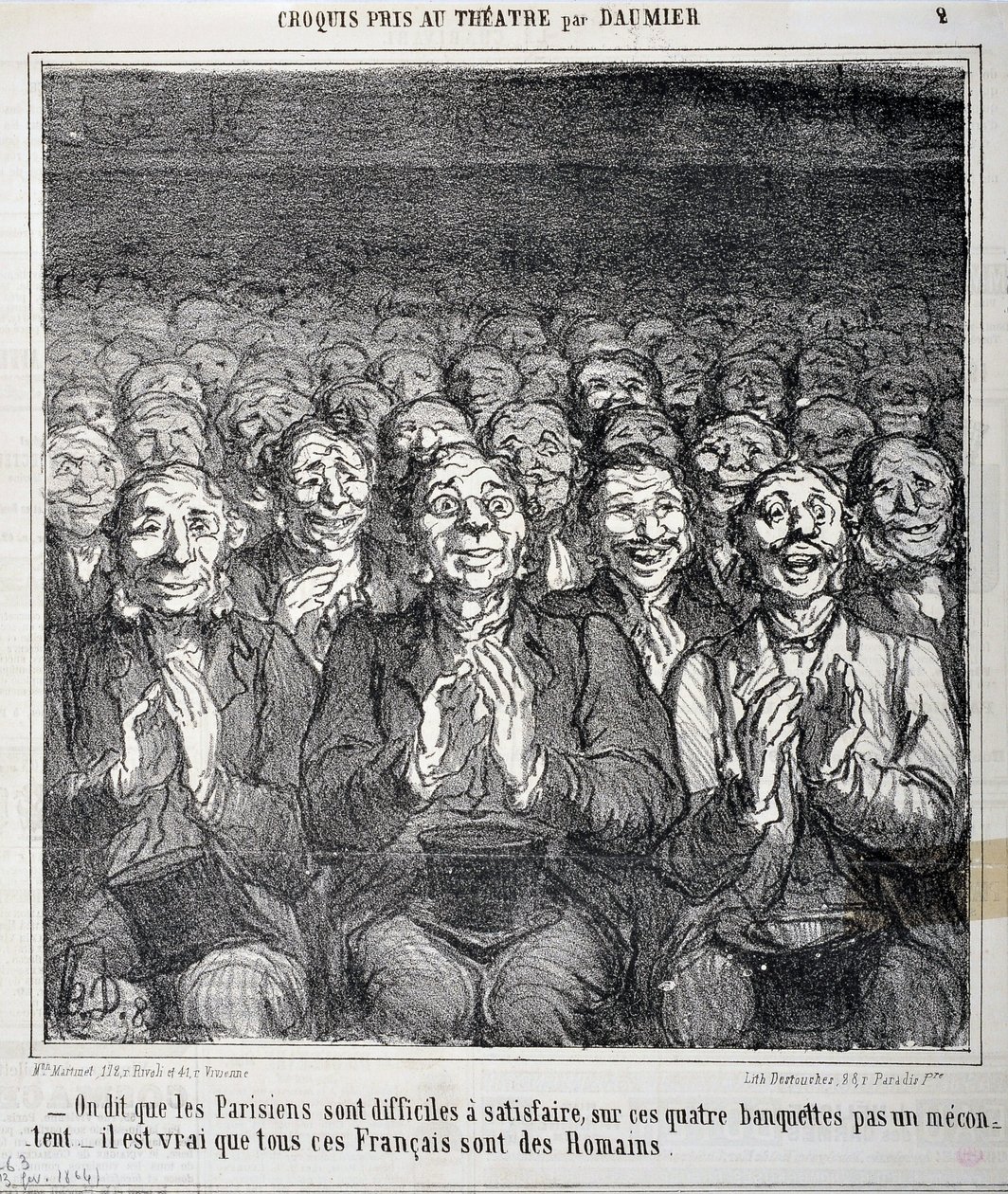Skisse tatt på teatret: "" Det sies at pariserne er vanskelige å tilfredsstille på disse fire benkene, ikke et mecontent det er sant at alle disse franskmennene er romere""" Gravering av Honore Daumier (1808-1879) i "" Le Charivari "". Palais Longchamp, Mu av Honoré Daumier