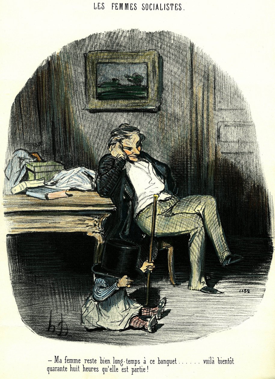 Sosialistiske kvinner Antifeministisk tegneserie som viser en mann som venter med barnet sitt på at kona er savnet i to dager. Litografi av Honore Daumier (1808-1879) Privatsamling fra 1800-tallet av Honoré Daumier