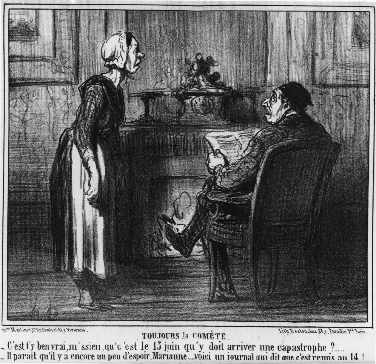 Still Comete. «Er det sant, sir, for en katastrofe må skje 13. juni???? Jeg hører at det fortsatt er et lite håp, Marianne... her er en avis som sier at den er overlevert til 14! , tegneserie av Honore Daumier (1808-1879). “Charivari” av Honoré Daumier