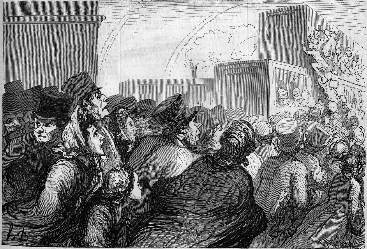 Søndagsreisende. Tegneserie av Honore Daumier (1808-1879). Gravering i "" Le Monde Illustré"" nr. 264 av 3. mai 1862. av Honoré Daumier