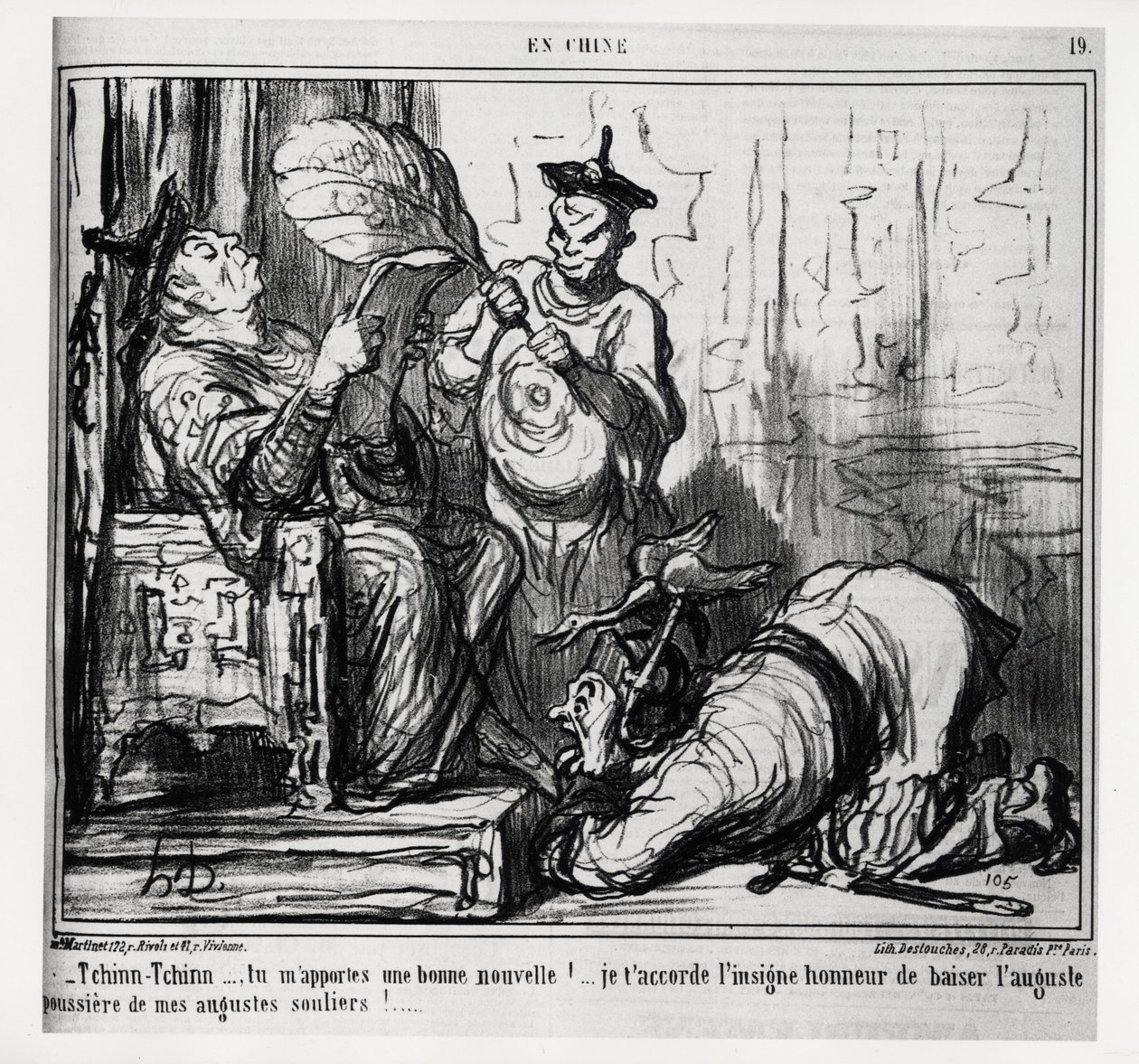 Tchinn Tchinn... Du bringer meg gode nyheter! Jeg gir deg den store ære å kysse det høye støvet av mine høye sko. I serien En Chine, illustrasjon av Honore Daumier (1808-1879), publisert i "" Charivari", datert 7. desember av Honoré Daumier