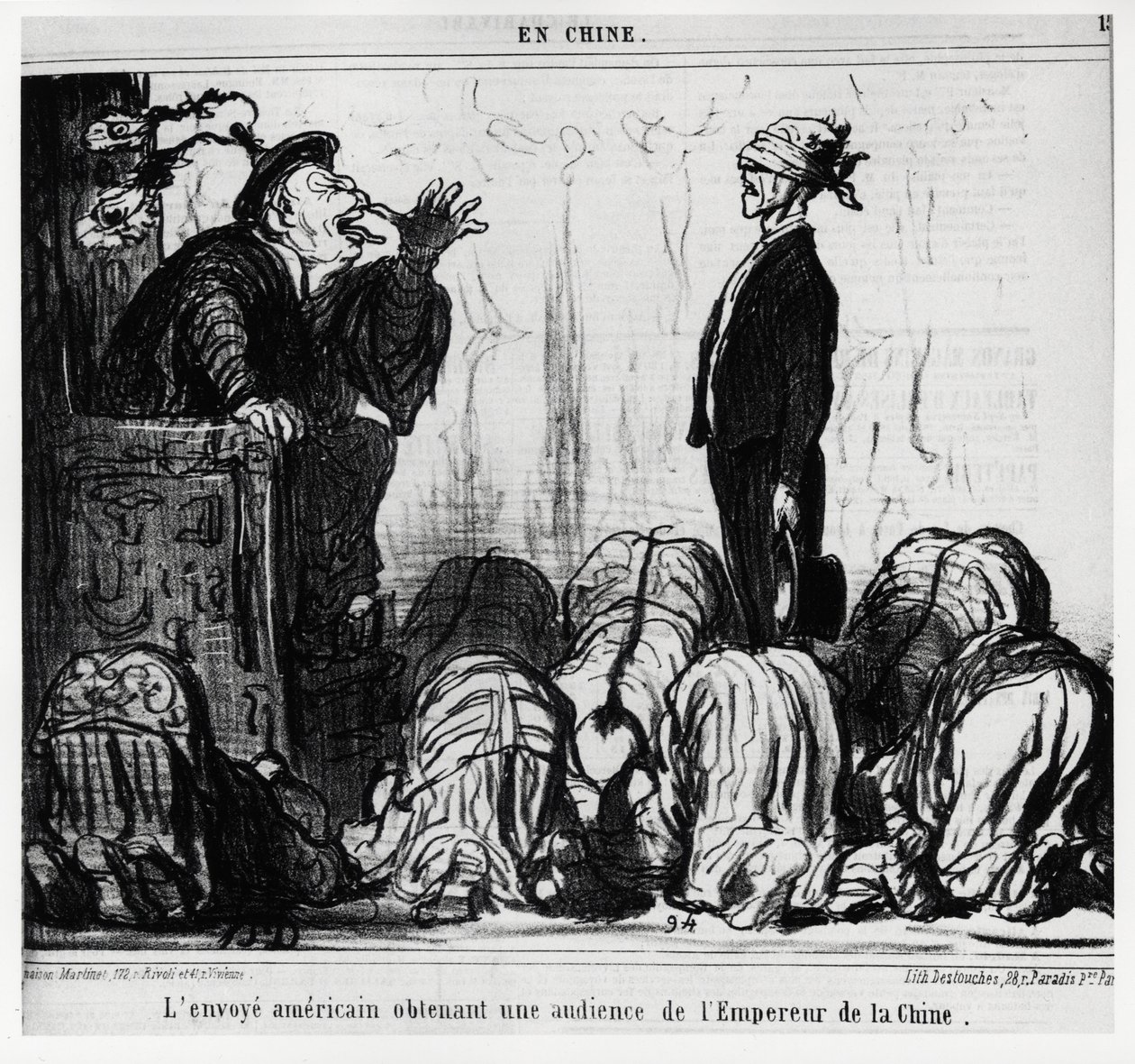 Den amerikanske utsendingen får audiens fra keiseren av Kina. I serien En Chine, illustrasjon av Honore Daumier (1808-1879), publisert i "" Charivari"", datert 21. oktober av Honoré Daumier