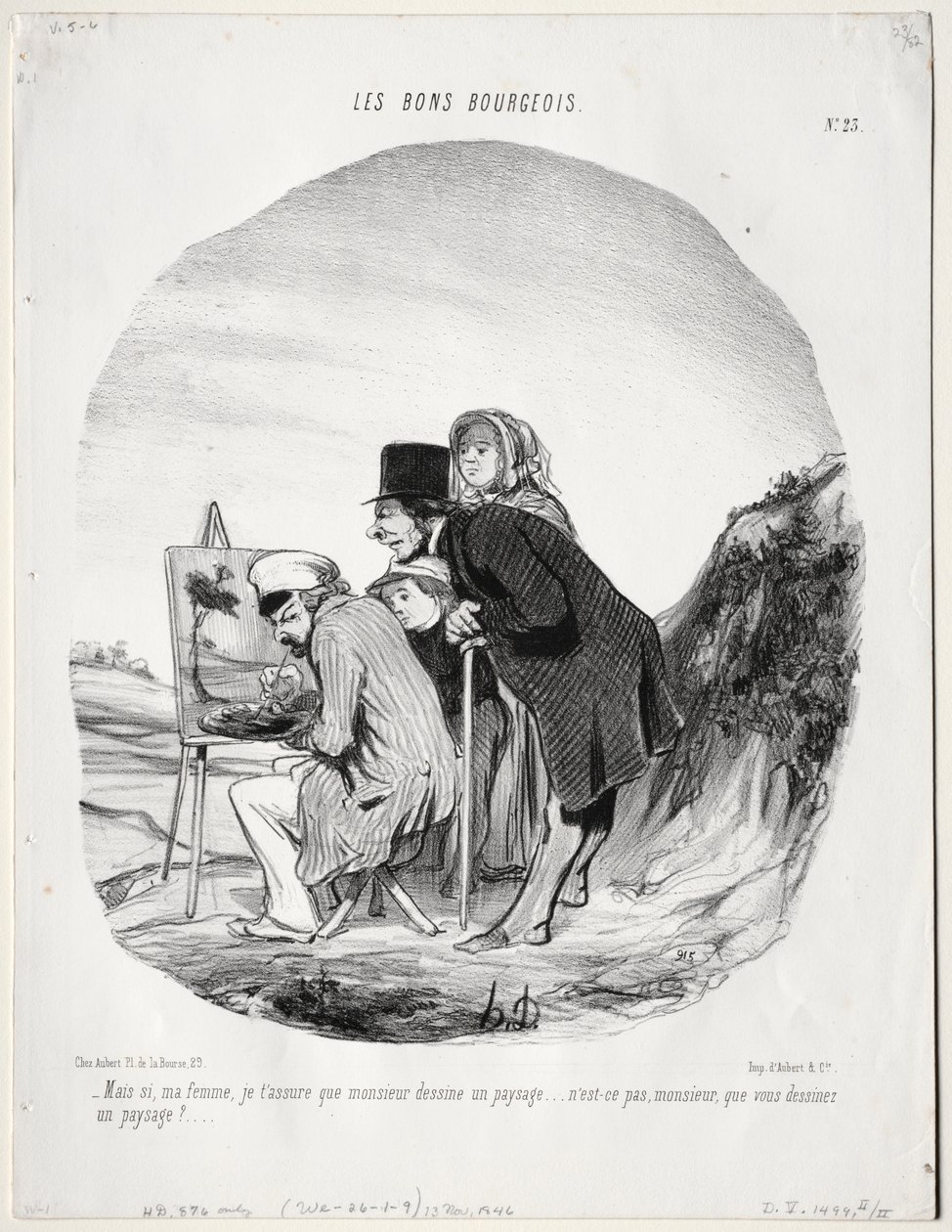 The Good Bourgeois, Plate 23: "Men ja, min kjære, jeg forsikrer deg om at denne herren tegner et landskap...er det ikke slik, sir, at du tegner et landskap?" (Les bons bourgeios, planche 23: Mais si, ma femme...monsieur dessine un paysage..) av Honoré Daumier