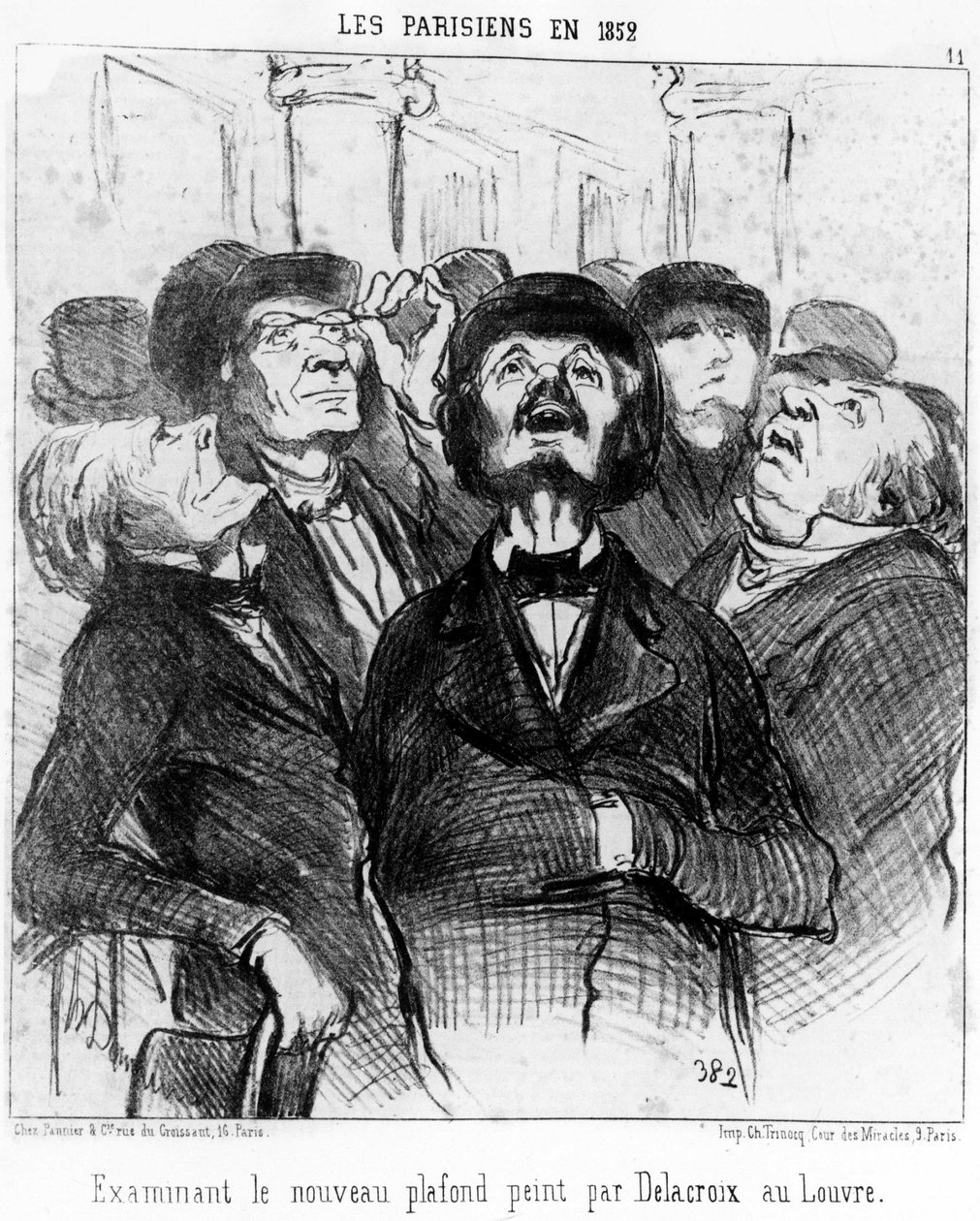 Pariserne i 1852 undersøkte det nye taket malt av Delacroix ved Louvre, hentet fra "" Paintings and Salons", serie med karikaturer av Honore Daumier (1808-1879). “Charivari” av Honoré Daumier