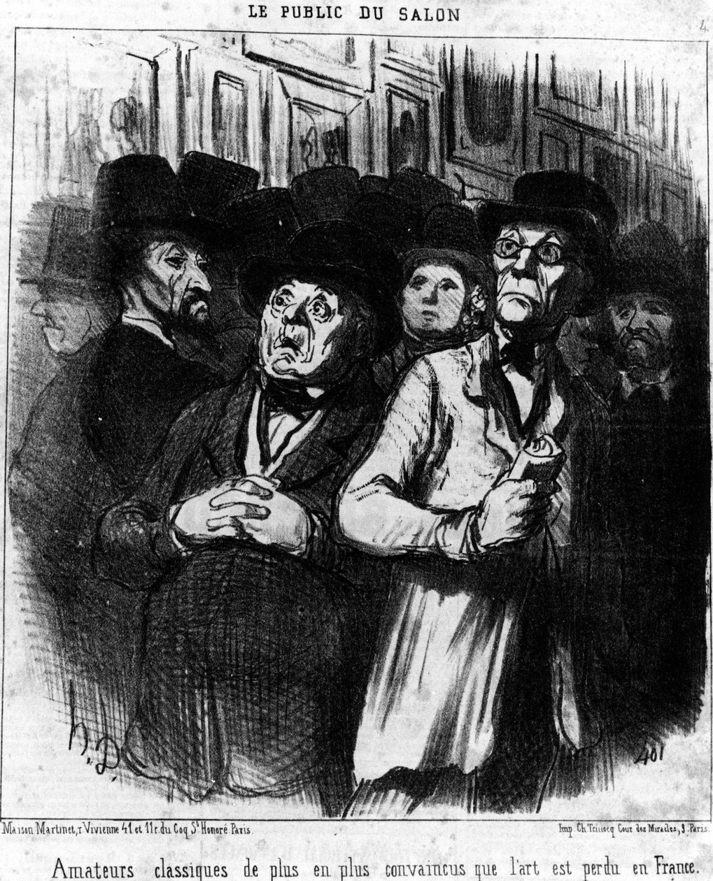 Showets publikum. Klassiske amatører ble stadig mer overbevist om at kunst er tapt i Frankrike, hentet fra "" Paintings and Salons", tegneserieserie av Honore Daumier (1808-1879). “Charivari” av Honoré Daumier