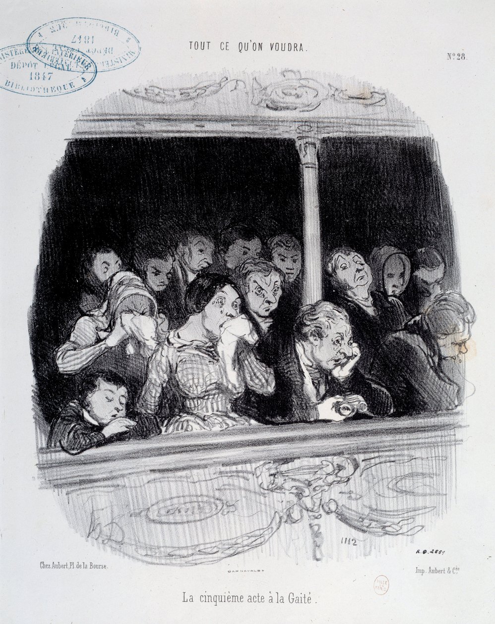 Den femte akten har Gaite-uttrykkene av ansiktet til publikum under showet (kjedsomhet, trøtthet, desinteret) Karikatur av Honore Daumier (1808-1879). Paris-museet Carnavalet fra 1800-tallet av Honoré Daumier