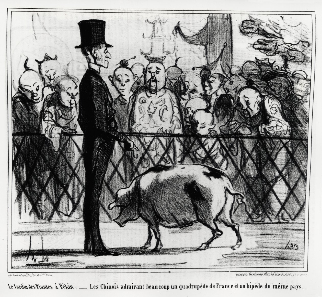 Plantehagen i Pekin: kineserne beundrer en firbein av Frankrike og et pip fra samme land. Illustrasjon av Honore Daumier (1808-1879), publisert i "Charivari", China Actualites av Honoré Daumier
