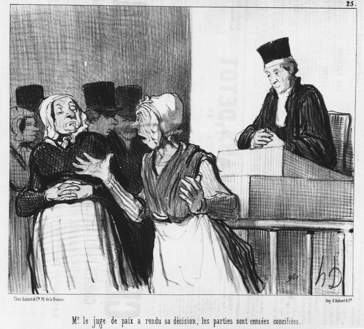 Fredsdommeren har avsagt sin avgjørelse, partene er ment å bli forsonet..., tegneserie av Honore Daumier (1808-1879). "Charivari". av Honoré Daumier