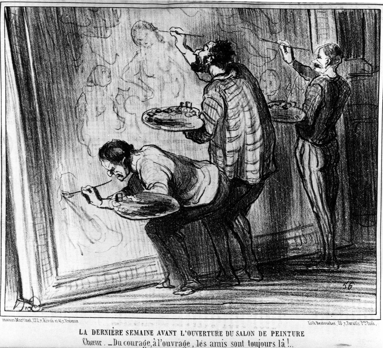 Den siste uken før åpningen av Salon de Peinture. Flinkhet -Fra mot til jobb, venner er alltid der!... , hentet fra "" Paintings and Salons", tegneserieserie av Honore Daumier (1808-1879). “Charivari” av Honoré Daumier