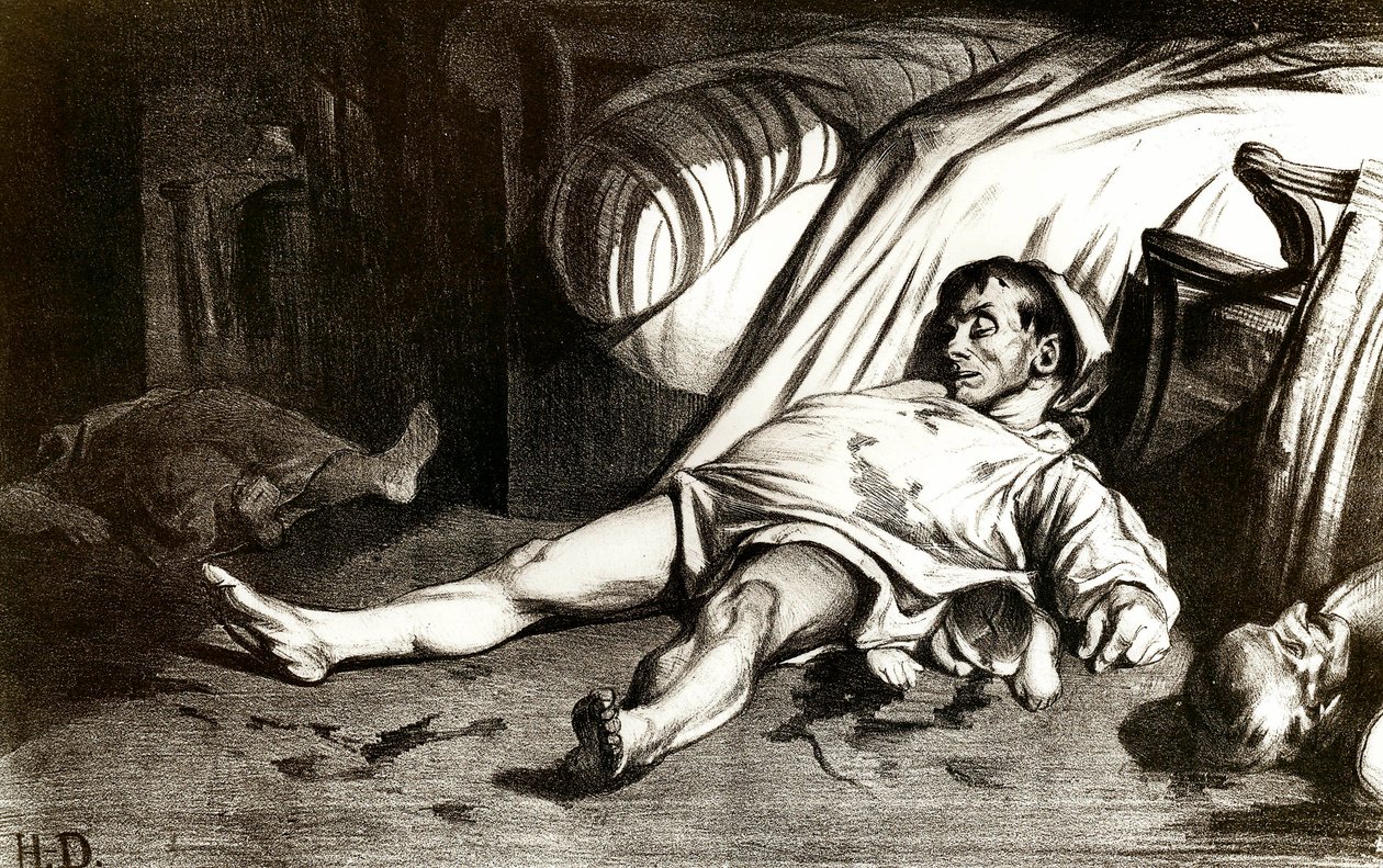 Massakren i Rue Transnonain 14.04.1834: militæret massakrerer innbyggerne i bygningen 12 Rue Transnonain i Paris fengslet den etter døden til en av deres offiserer - Litografi av Honore Daumier (1808-1879) 1837. Privat samling av Honoré Daumier