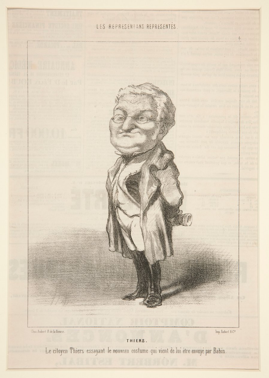 Thiers: Innbygger Thiers prøver det nye kostymet som nettopp har blitt sendt til ham av Bavin av Honoré Daumier