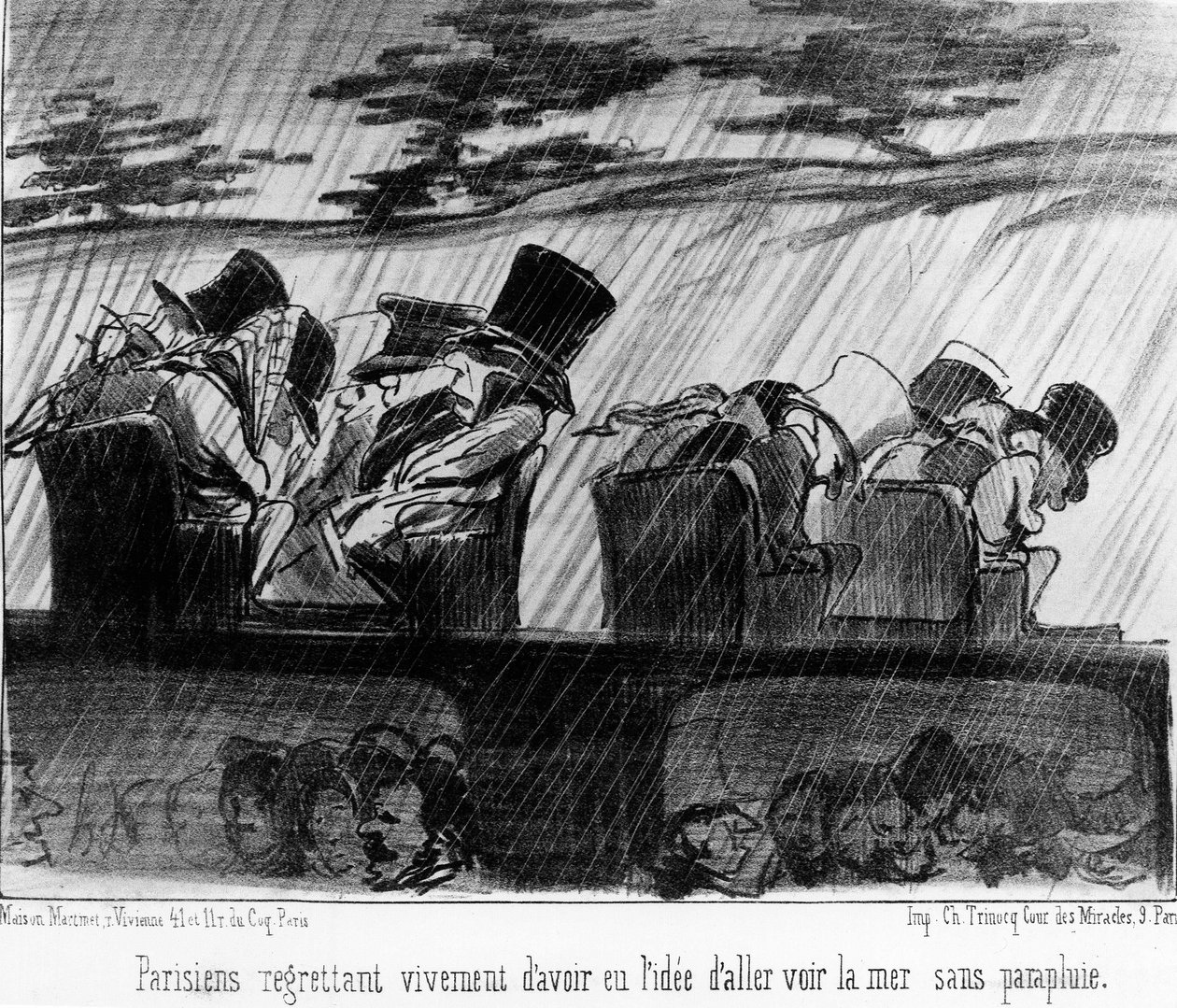 Fornøyelsestog: reisende i regnet - av Daumier, i "" Charivari"" av 28.08.1852. av Honoré Daumier