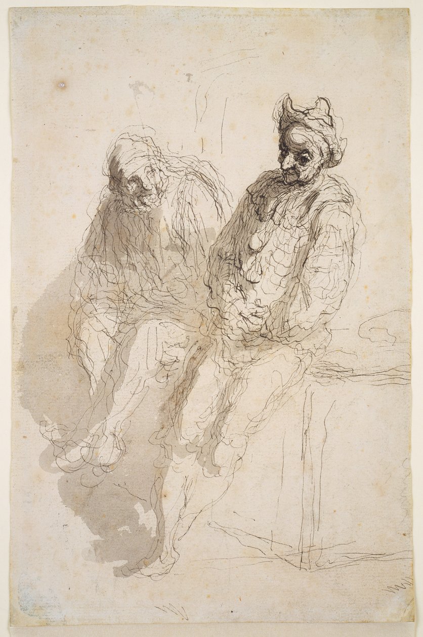 To Saltimbanques, ca. 1865-73 (svart-grå blekk, grå vask på papir) av Honoré Daumier