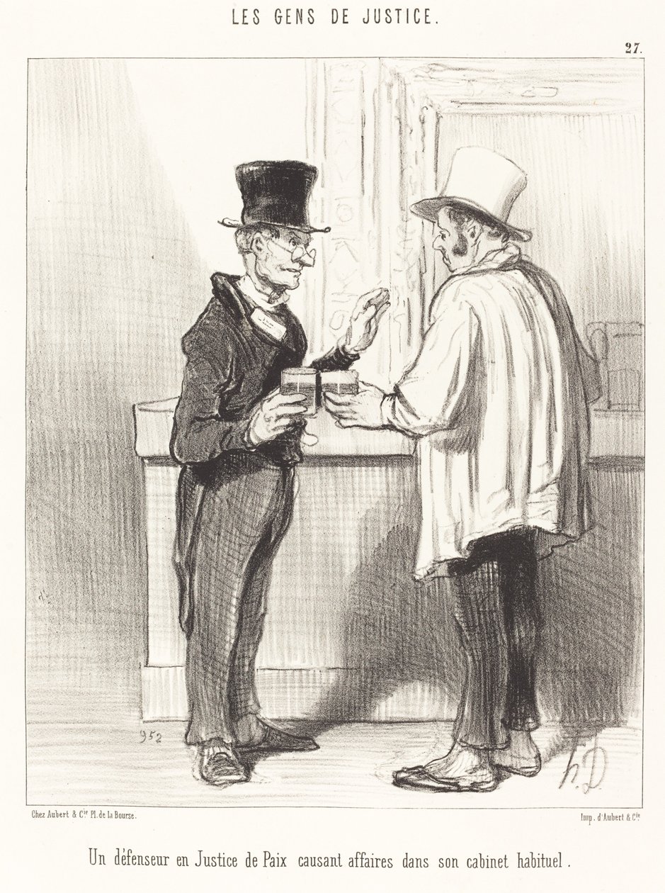 En forsvarer... chatter... i sitt vanlige kabinett av Honoré Daumier