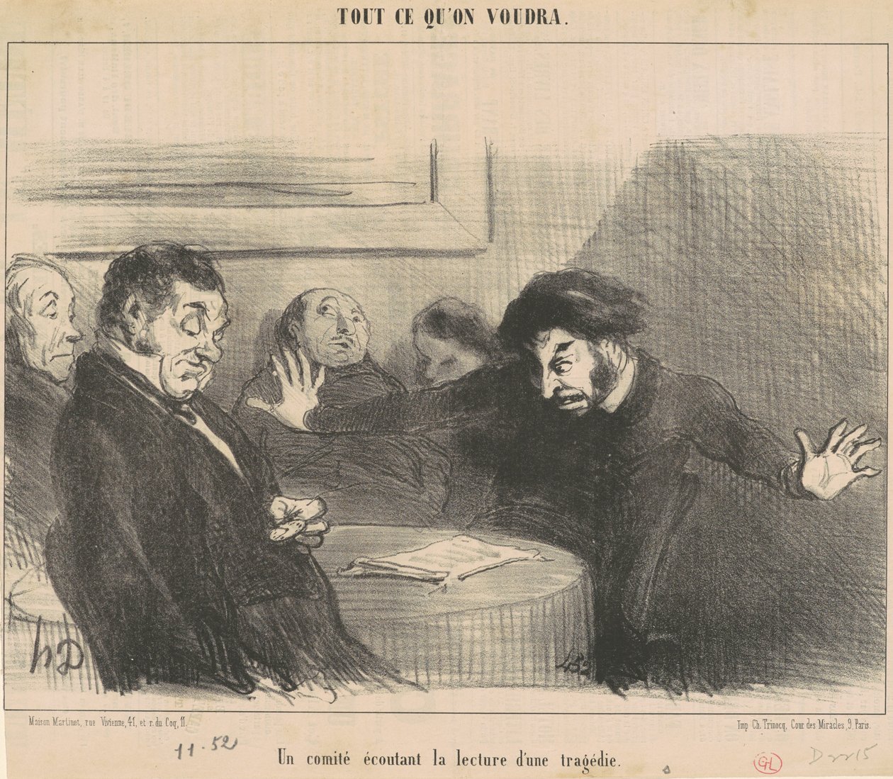 En komité som lytter til lesningen av en tragedie av Honoré Daumier
