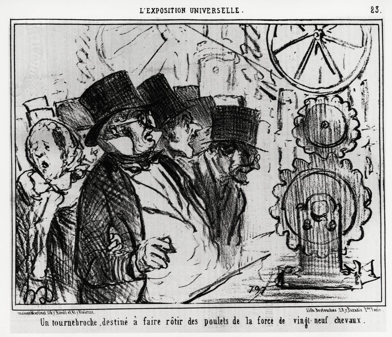 Universell utstilling: en dreieskive designet for å steke kyllinger med styrken til tjueni hester. Illustrasjon av Honore Daumier (1808-1879), publisert i nyhetene, "" Charivari", datert 20. juli 1855. av Honoré Daumier