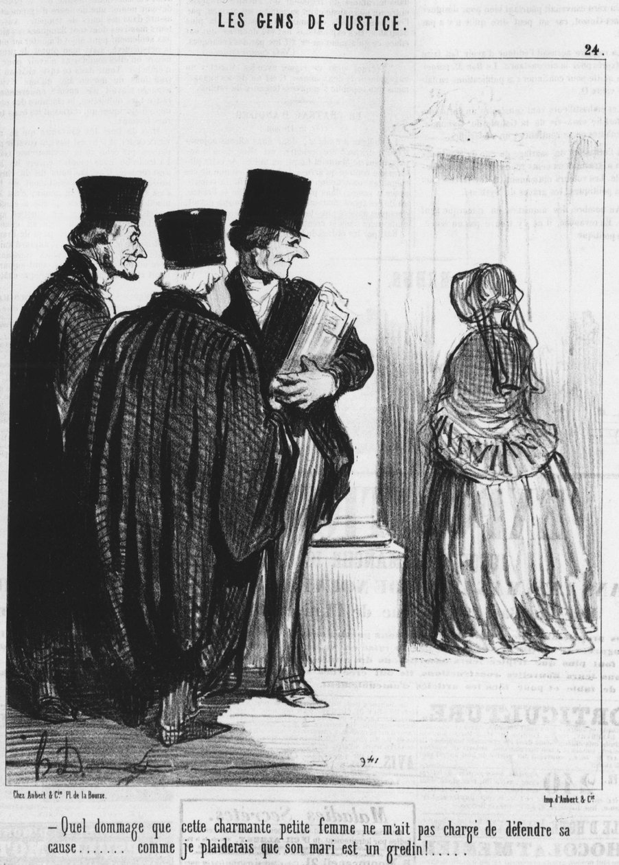 Så synd at denne nydelige lille kvinnen ikke anklaget meg for å forsvare sin sak... da jeg vil hevde at mannen hennes er en skurk!... , fra "Gens de Justice", serie med tegneserier om Justice av Honore Daumier (1808-1879). “Charivari” av Honoré Daumier