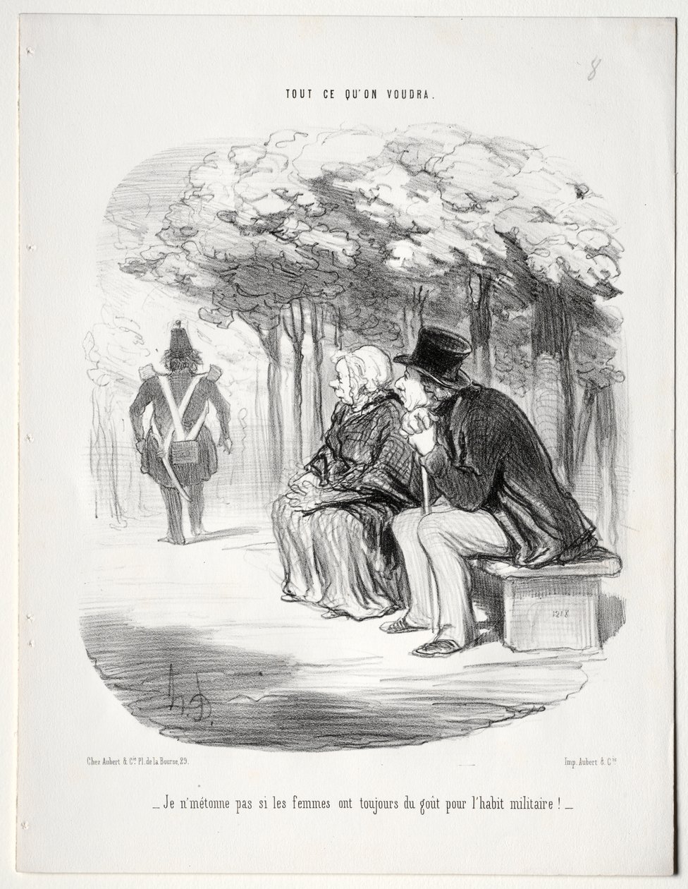 Hva vil du, plate 51: Jeg lurer ikke på at kvinner alltid er glad i militæruniformen? av Honoré Daumier