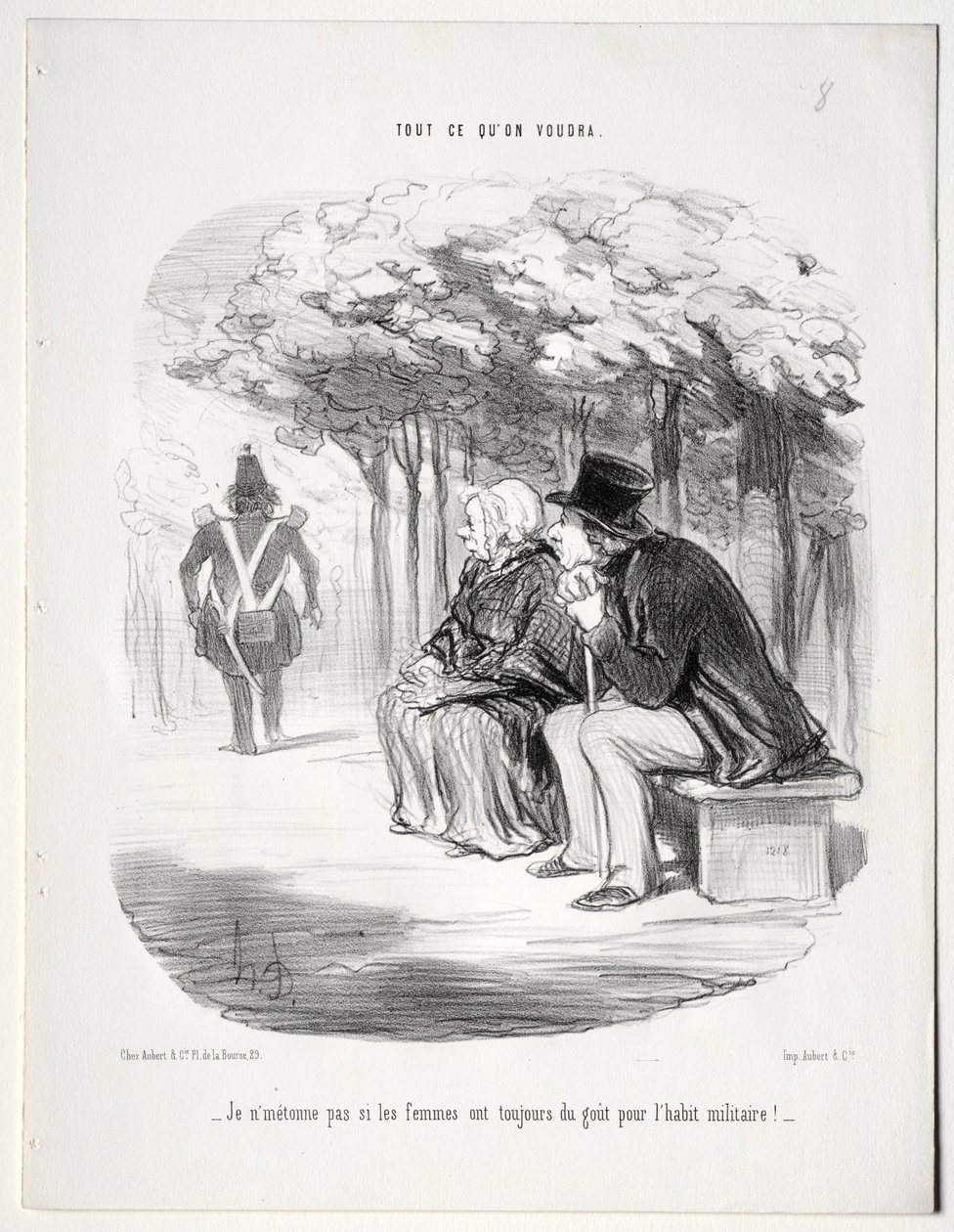 Hva du vil, plate 51: Jeg lurer ikke på at kvinner alltid er glad i militæruniformen, 1848. av Honoré Daumier