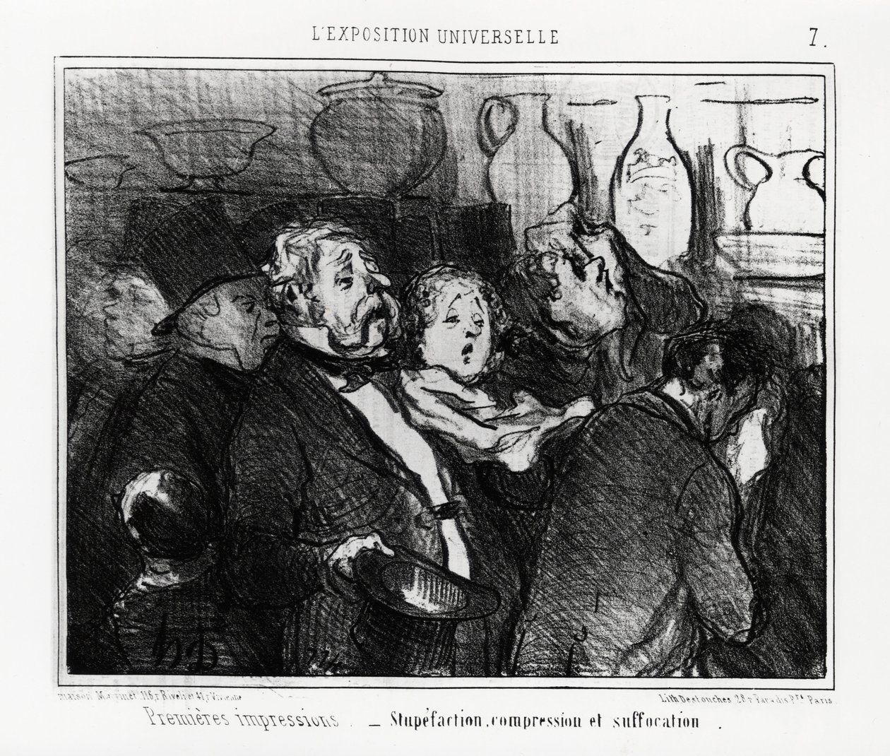 Verdensutstilling: førsteinntrykk: forvirring, kompresjon og kvelning. Illustrasjon av Honore Daumier (1808-1879), publisert i nyhetene, "" Charivari", datert 24. mai 1855. av Honoré Daumier