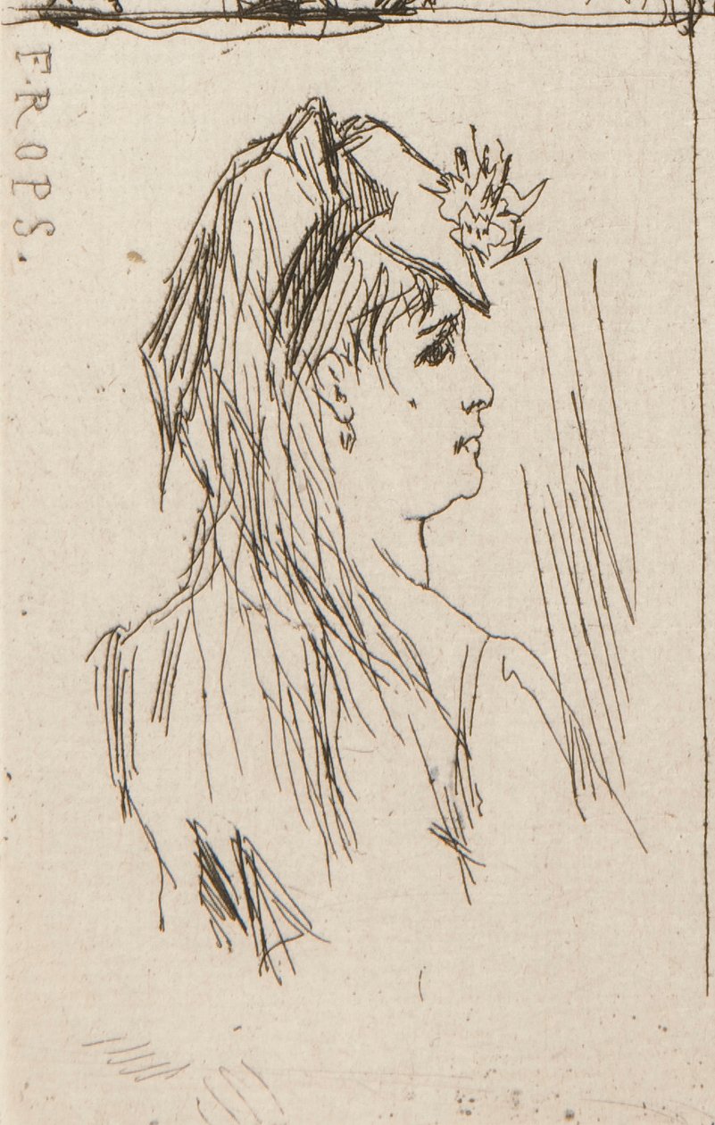 en. Head of an Old Man av Daumier (øverst til venstre); b. Chez Charles Beriot av Taiee (øverst i midten); c. Hodet til en ung kvinne av Rops (øverst til høyre); d. Elvelandskap ved Harpignies (nederst i midten); e. Profil av en ung kvinne av Honoré Daumier
