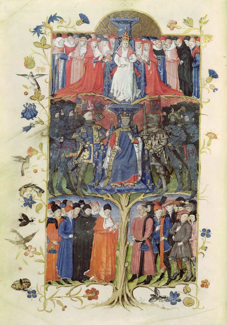 Ms 2695 f.6v Kampens tre: Kong Charles VII (1403-61) mellom Dauphin, fremtidige Ludvig XI (1423-83) på hans høyre og venstre side, Arthur, greve av Richmond, konstabel av Frankrike (1425- 58) og D av Honore Bonnet
