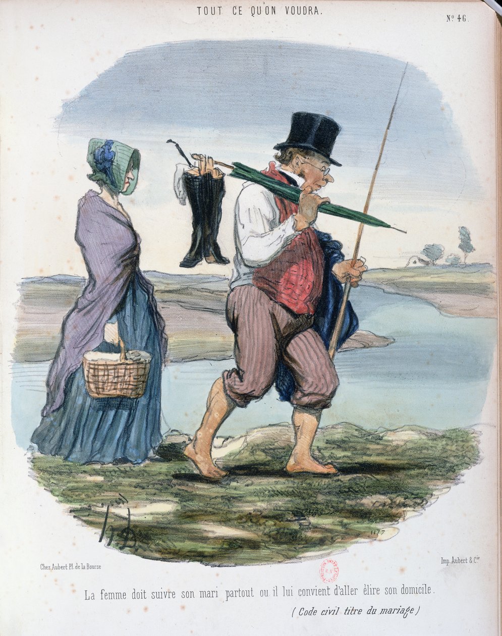 Karikatur som latterliggjør kapittel VI av ektefellers rettigheter og plikter i den franske Code Civil, kunngjort av Napoleon i 1804, ca. 1840-50 av Honoré Daumier