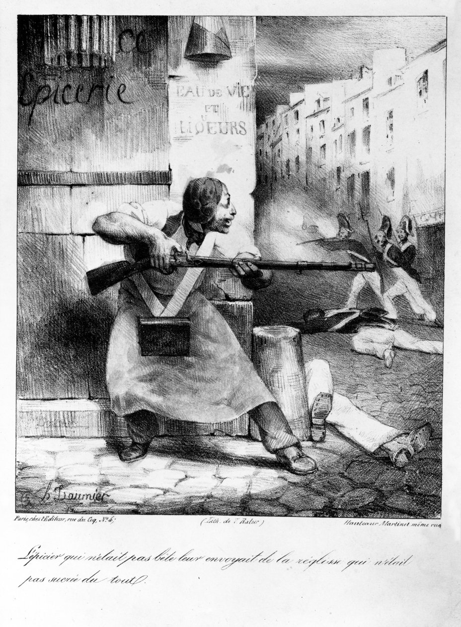 Opprørsk kjøpmann skyter mot gendarmene under julirevolusjonen, 1830 av Honoré Daumier