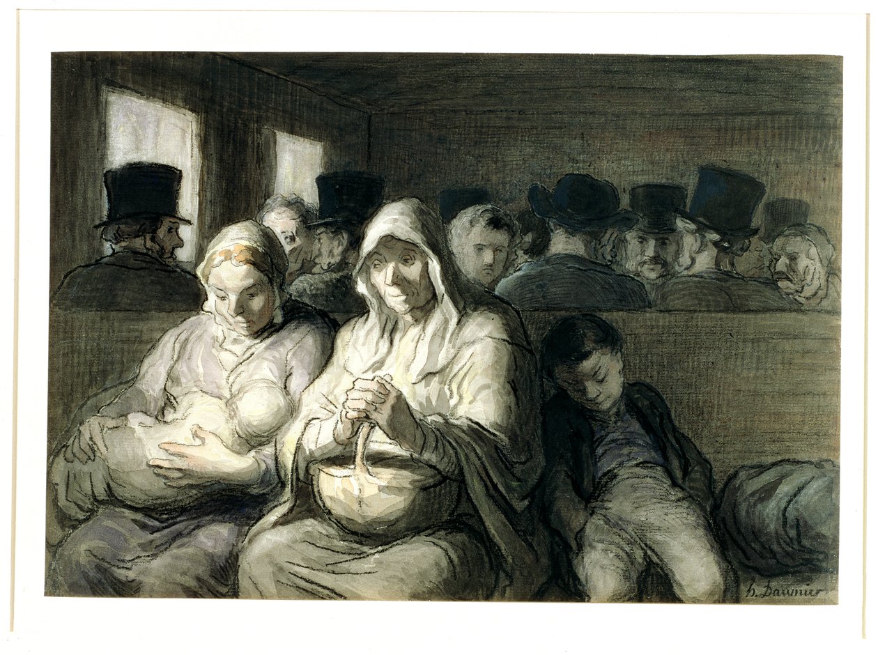 The Third Class Carriage, 1864 (wc blekkvask og kull på papir) av Honoré Daumier