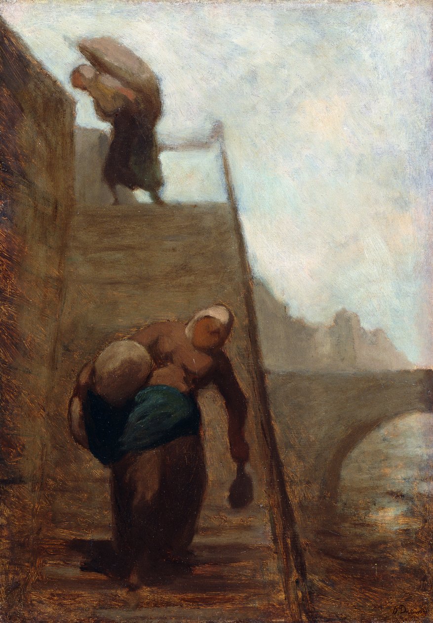 Vaskekoner på trappen til kaien, 1850-52 av Honoré Daumier