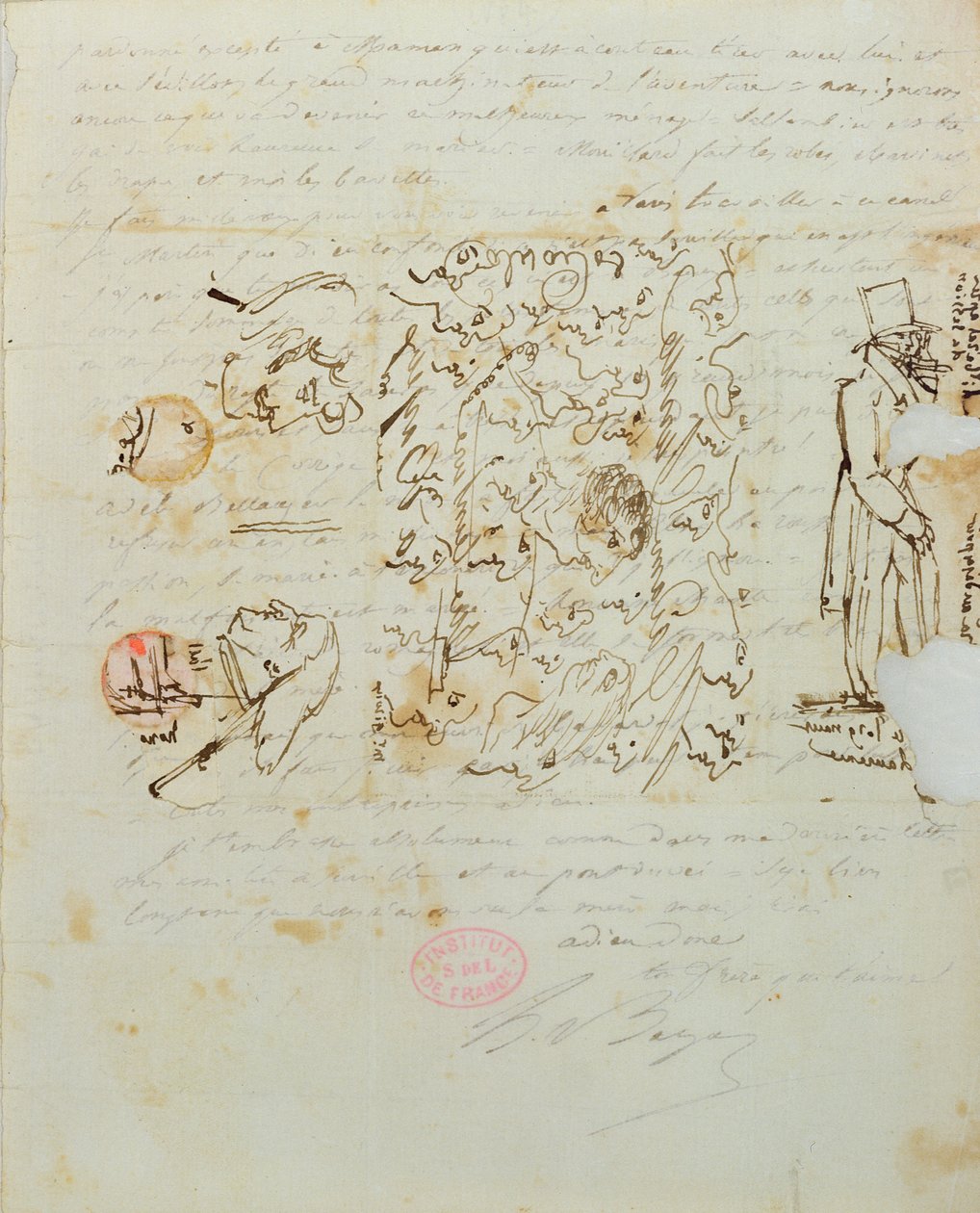 Brev med tegning sendt til Balzacs søster Laure, 1821 (penn og blekk på papir) av Honore de Balzac