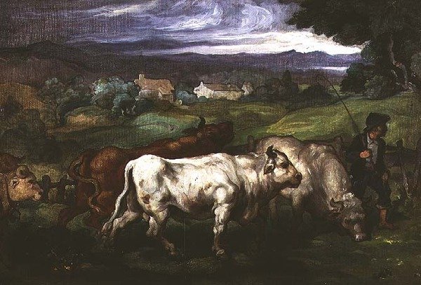 Storfe og en drover i et landskap av Honore (circle of) Daumier