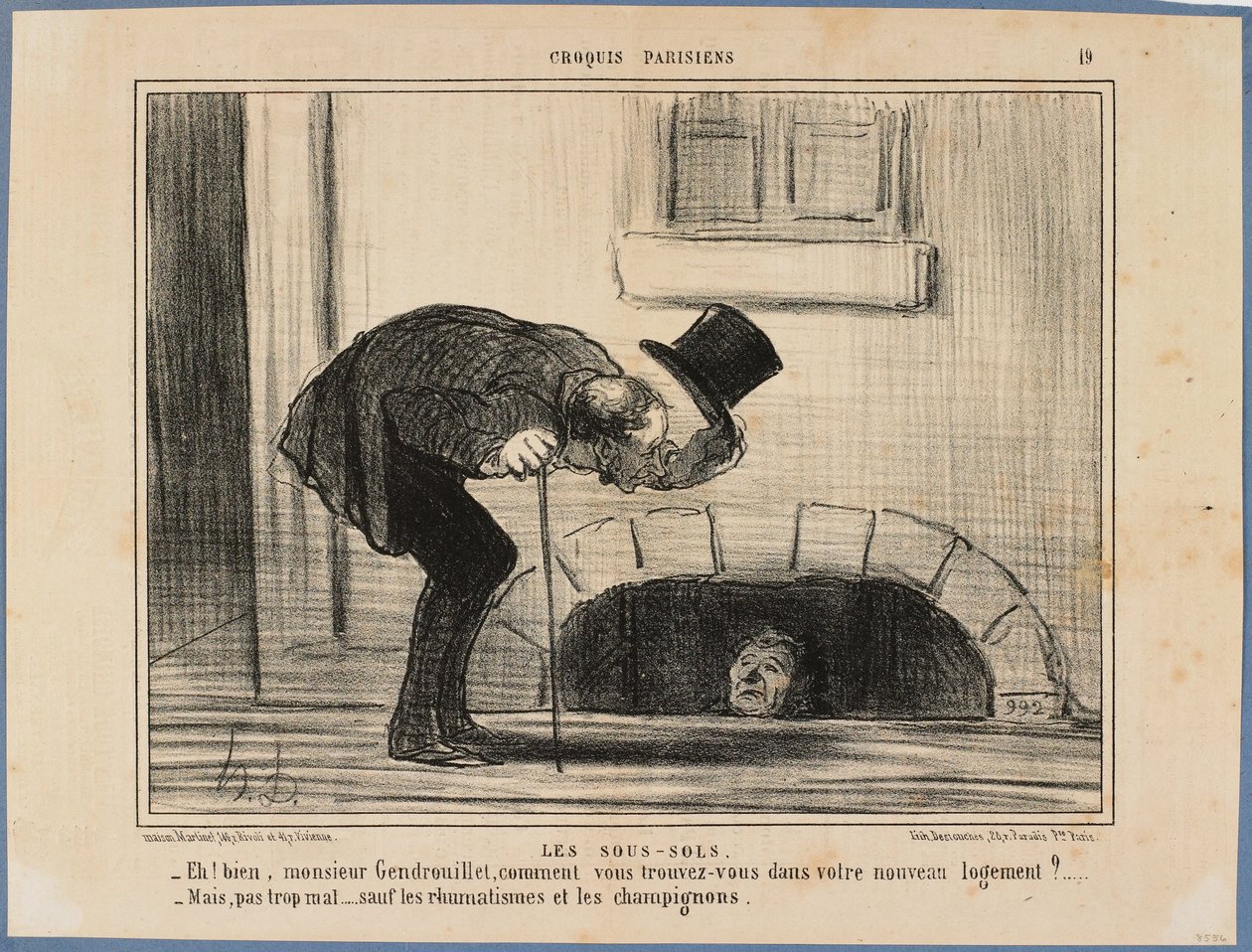 «Så, herr Gendrouillet, hvordan trives De i Deres nye losji?» - «Ikke så verst, bortsett fra revmatismen og soppen» av Honoré Daumier