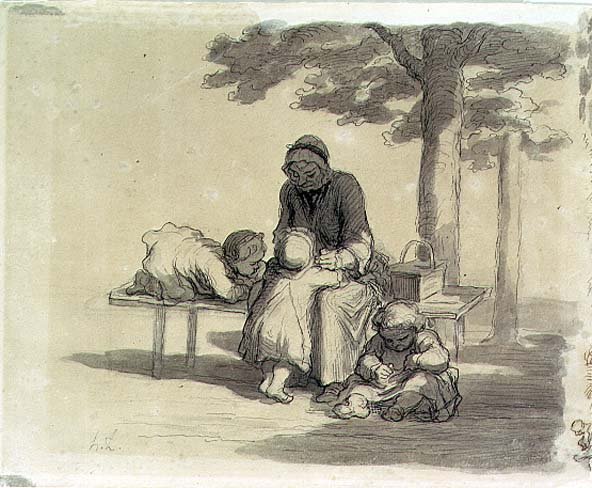 En bestemor (grå vask og penn og blekk på papir) av Honoré Daumier