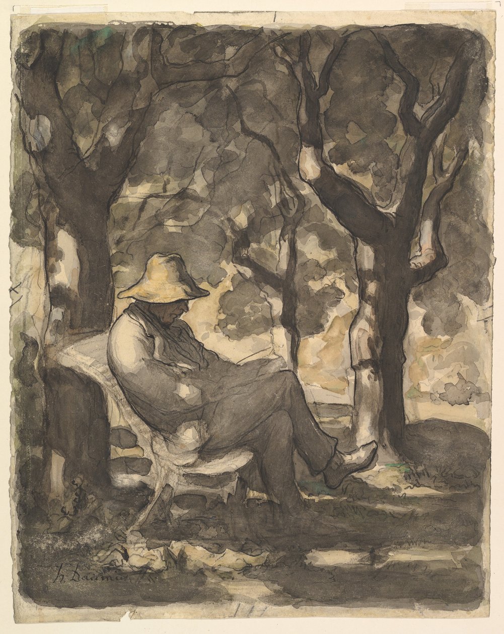 En mann som leser i en hage (forside); forstudie til en mann som leser i en hage (bakside) av Honoré Daumier