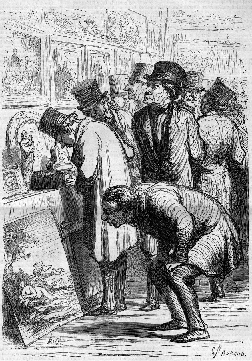 Et rom på Hotel Drouot, en utstillingsdag. Tegneserie av Honore Daumier (1808-1879). Gravering i "" Le Monde Illustré"" nr. 265 av 10. mai 1862. av Honoré Daumier