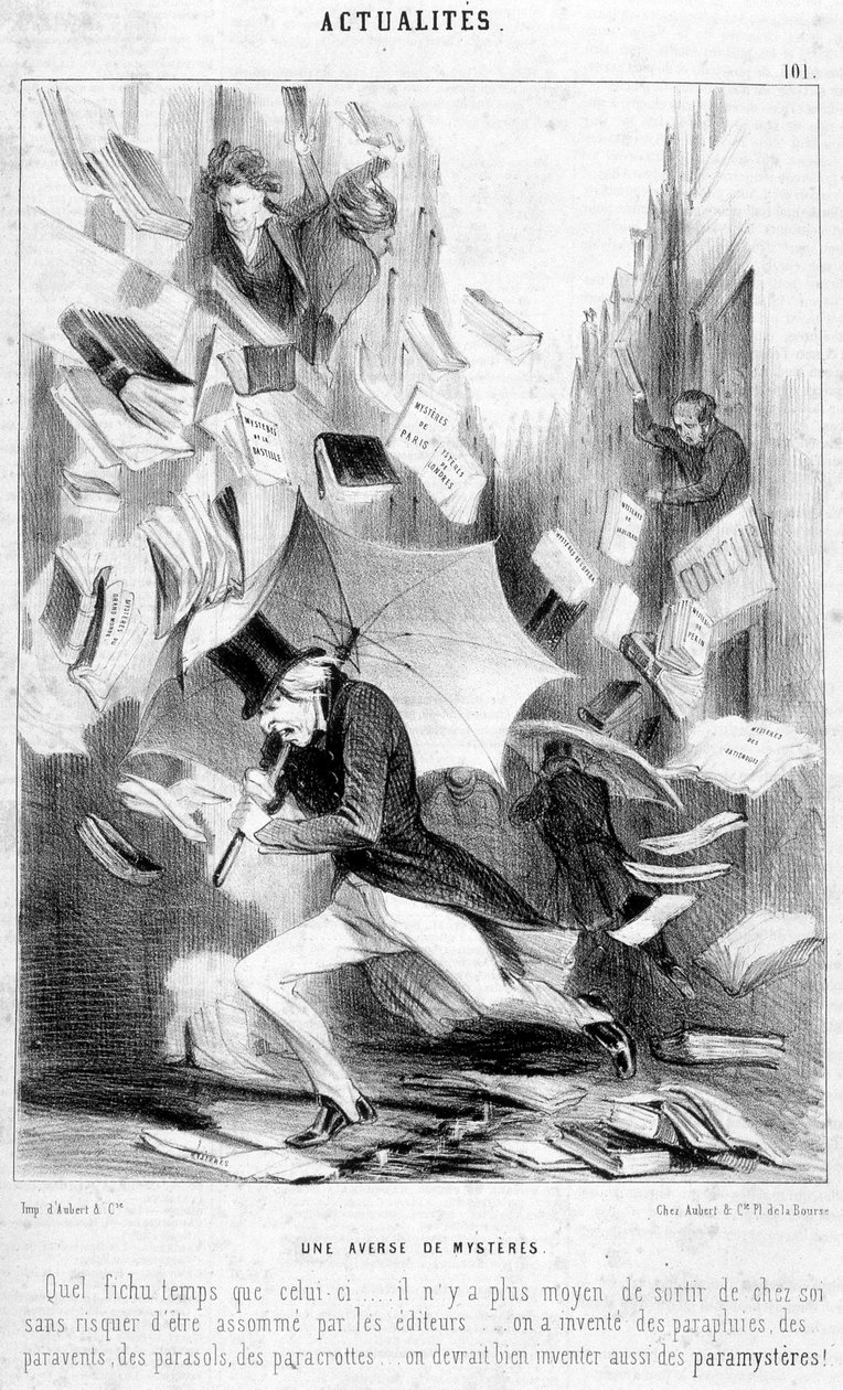 Et oppgjør av mysterier: tegneserie om "" The mysteries of Paris"", publisert på såpeopera av Eugène Sue - i "" Le Charivari"" fra 16.02.1844 av Honoré Daumier