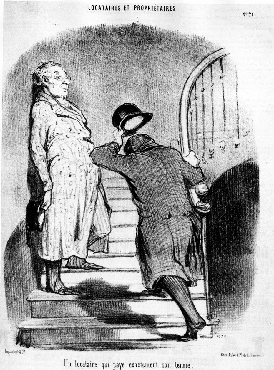 En leietaker som betaler nøyaktig sin termin, hentet fra "" Tenants et Owners"", tegneserieserie av Honore Daumier (1808-1879). “Charivari” av Honoré Daumier