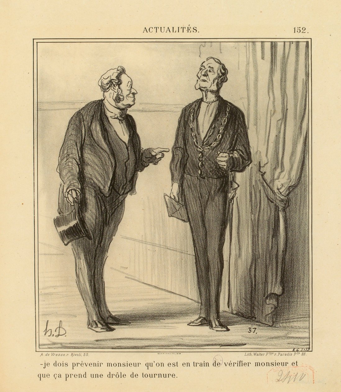Aktualiteter nr. 152: - Jeg må underrette herren om at de holder på å kontrollere... av Honoré Daumier