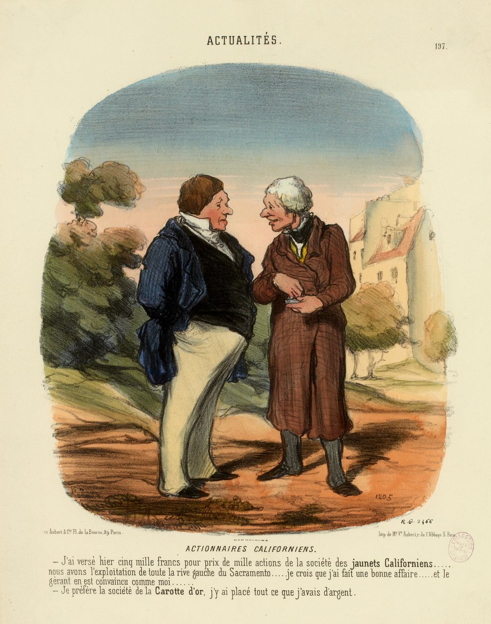 Aktualiteter nr. 197: Kaliforniske aksjonærer. - Jeg betalte i går fem tusen franc som pris ... av Honoré Daumier