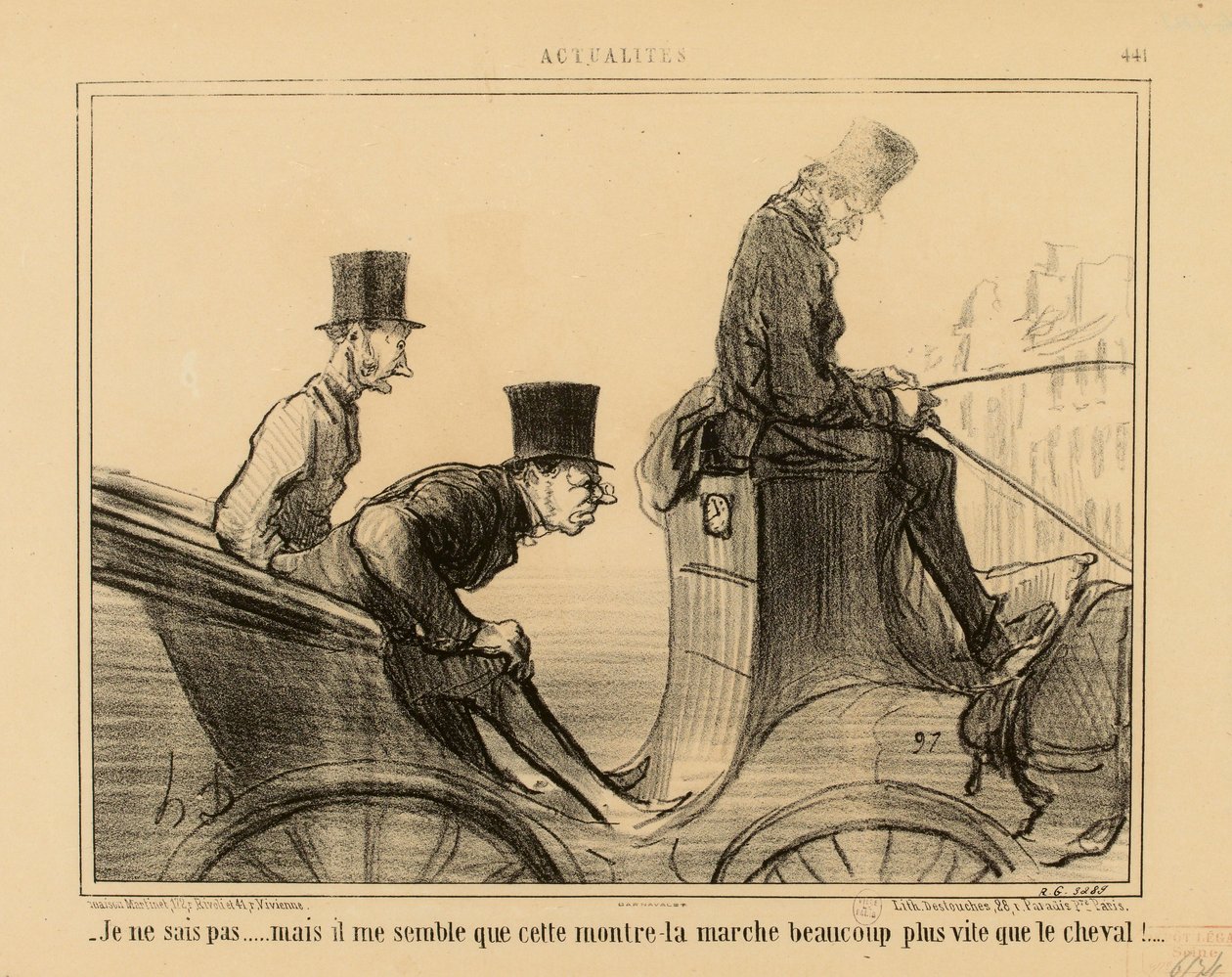 Aktualiteter nr. 441: - Jeg vet ikke... men det virker på meg som om denne klokken går mye fortere enn hesten av Honoré Daumier