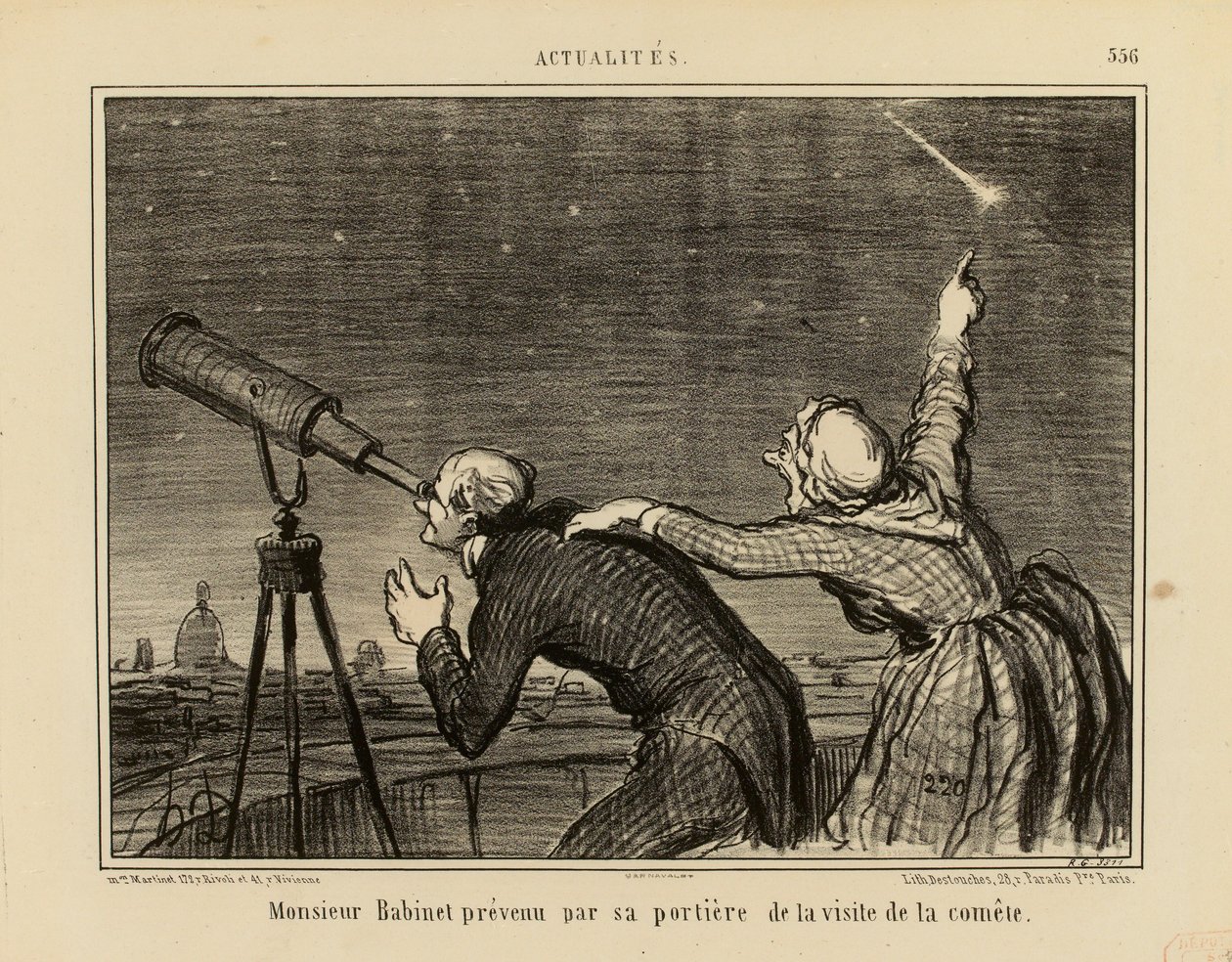 Actualités nr. 556: Monsieur Babinet varslet av sin portnerske om kometens besøk av Honoré Daumier