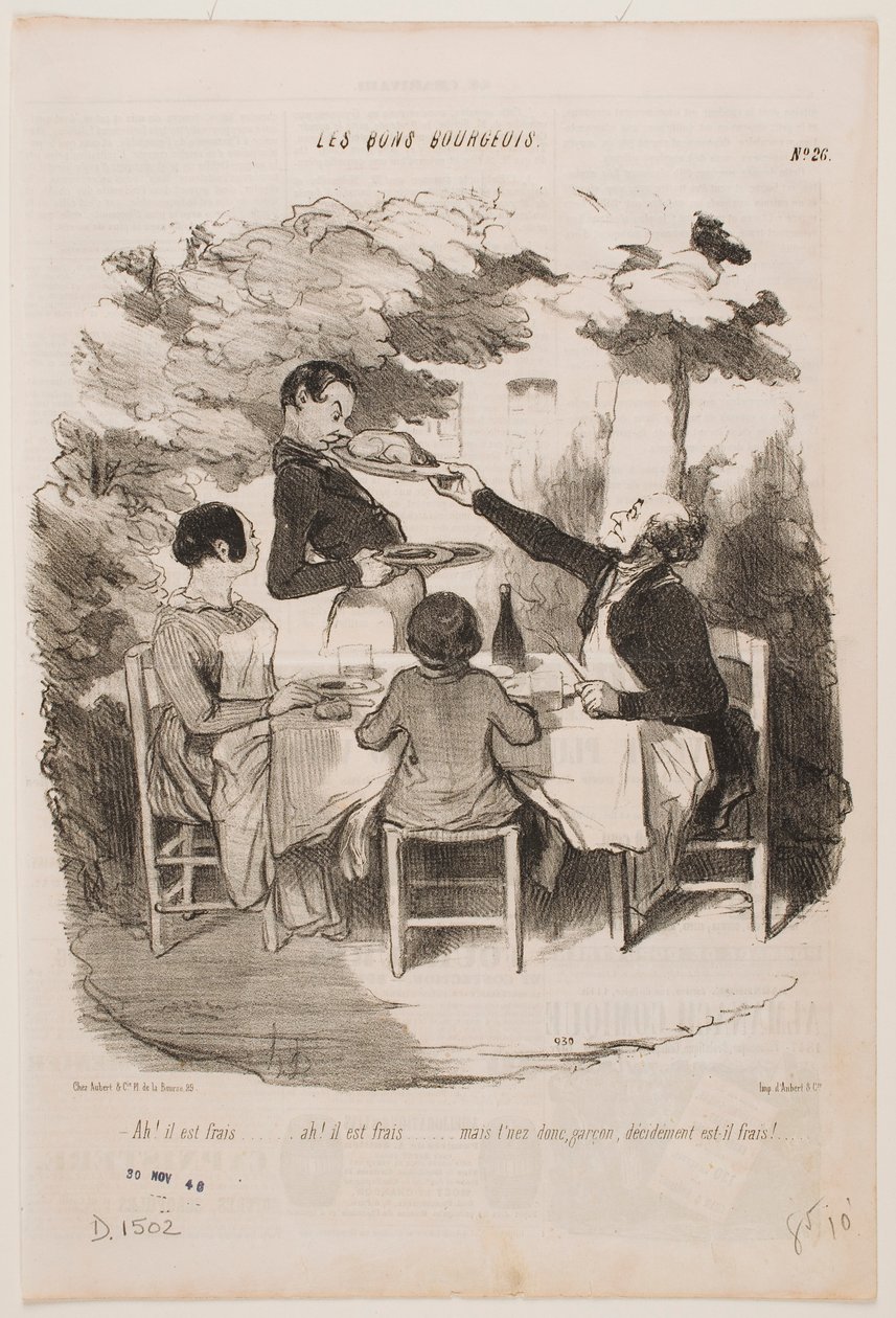 Å, den er fersk, den er fersk! ... Lukt på den selv, kelner, sier du at den er fersk? ... av Honoré Daumier