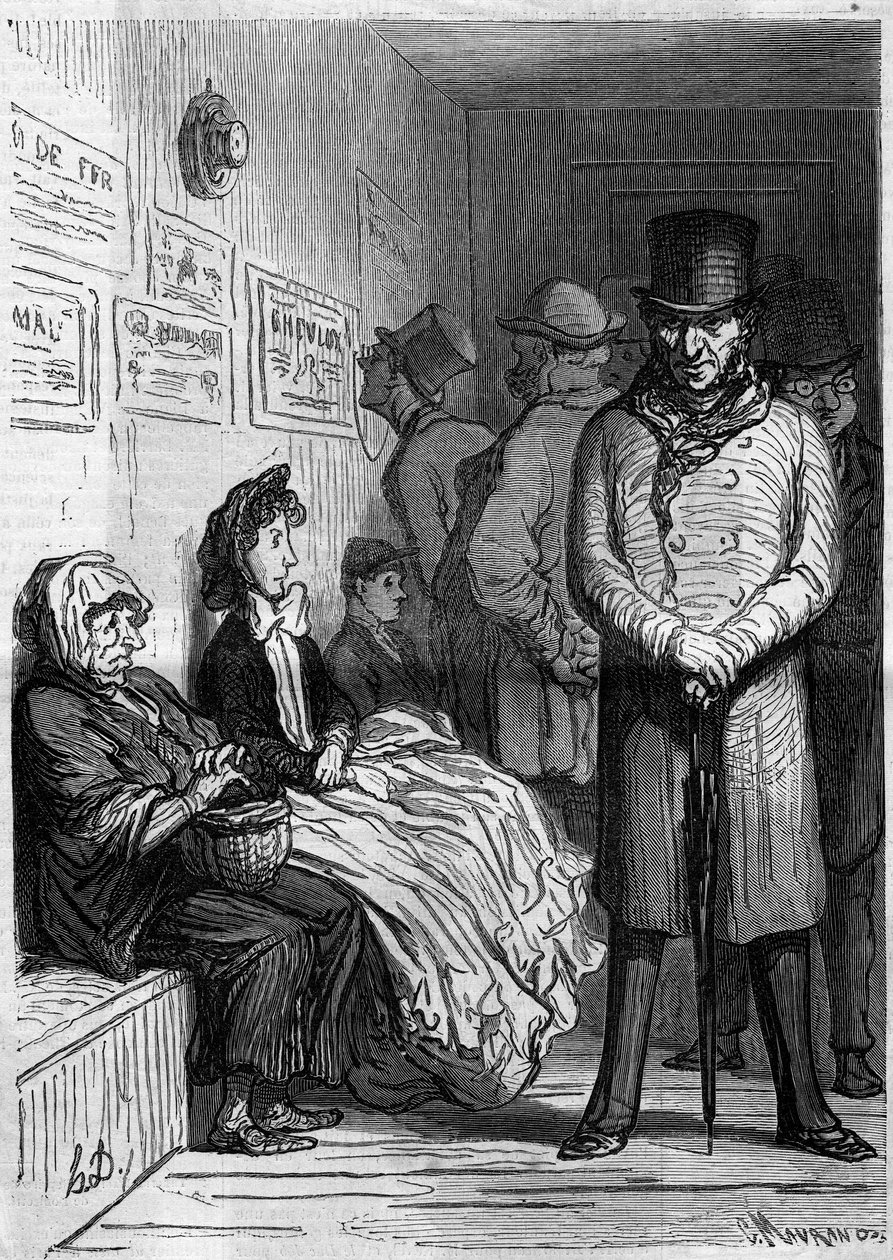 En omnibus ventepult. Tegneserie av Honore Daumier (1808-1879). Gravering i "" Le Monde Illustré"" nr. 257 av 15. mars 1862. av Honoré Daumier