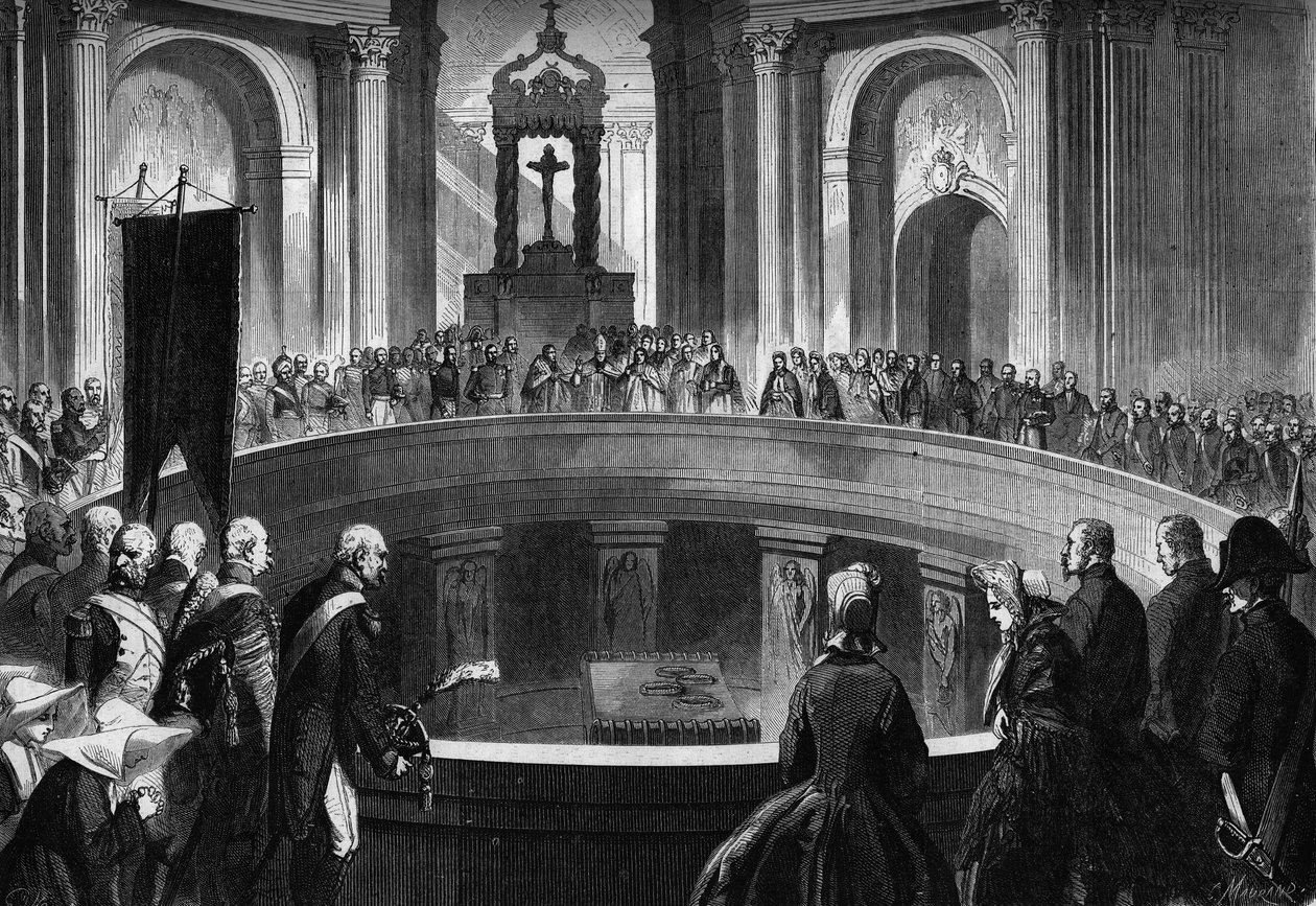 Årsdagen for Napoleons død 1. mai, 5. mai 1863: minnesmesse feiret på Invalides, i Paris, i nærvær av tidligere soldater fra Napoleon-hæren. Gravering i ""Le Monde Illustre"" nr. 318 av 16. mai 1863. av Honoré Daumier