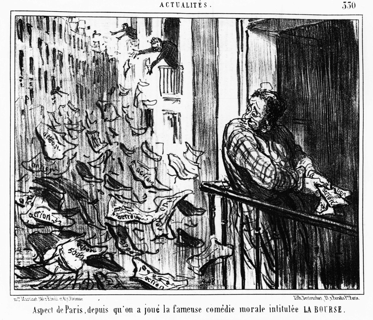 Utseende av Paris, siden den berømte moralske komedien med tittelen LA Bourse: serien hentet fra "" Actualites", en serie karikaturer på Honore Daumiers børs (1808-1879). “Charivari” av Honoré Daumier