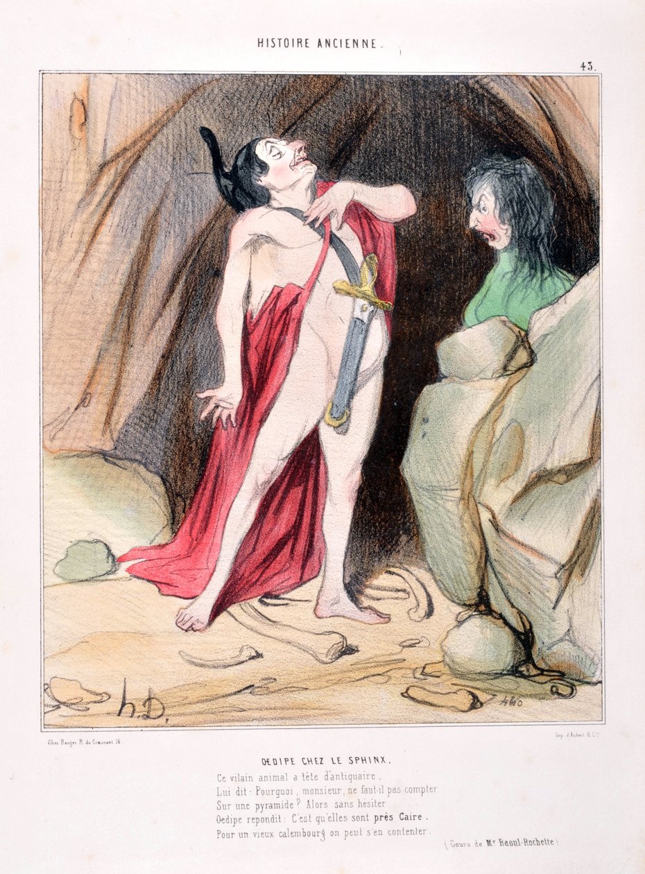 Kunstverk av Honore Daumier (1808-1879). Oldtidshistorie Ødipus i sfinksen. BIBLIOTEKET I ALCAZAR, MARSEILLE av Honoré Daumier