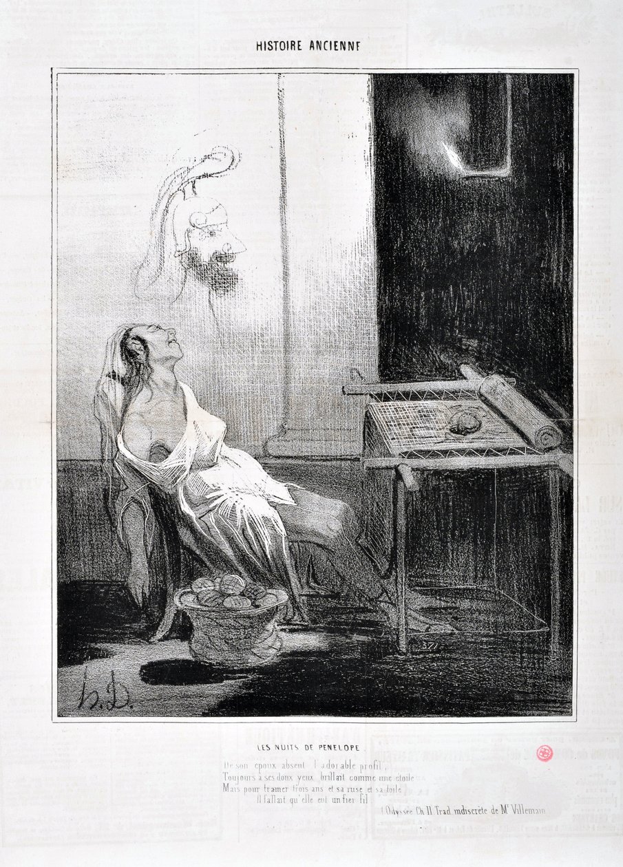 Kunstverk av Honore Daumier (1808-1879) Charivari stammer fra 1842: Serie HISTORIE ANCIE Les Nuits de Penelope “” Fra hennes fraværende søte profil, skinnet Forever med hennes søte øyne som en stjerne Hensikt å veve tre år og hennes list og hans nett Han av Honoré Daumier